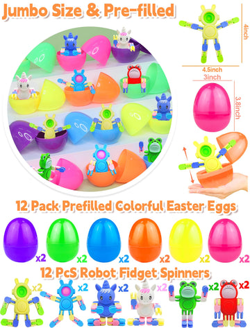 12-Pack 3.8'' Jumbo Prefilled Easter Eggs With Transformable Bunny Unicorn & Frog Fidget Spinners Easter Basket Essential Pop An