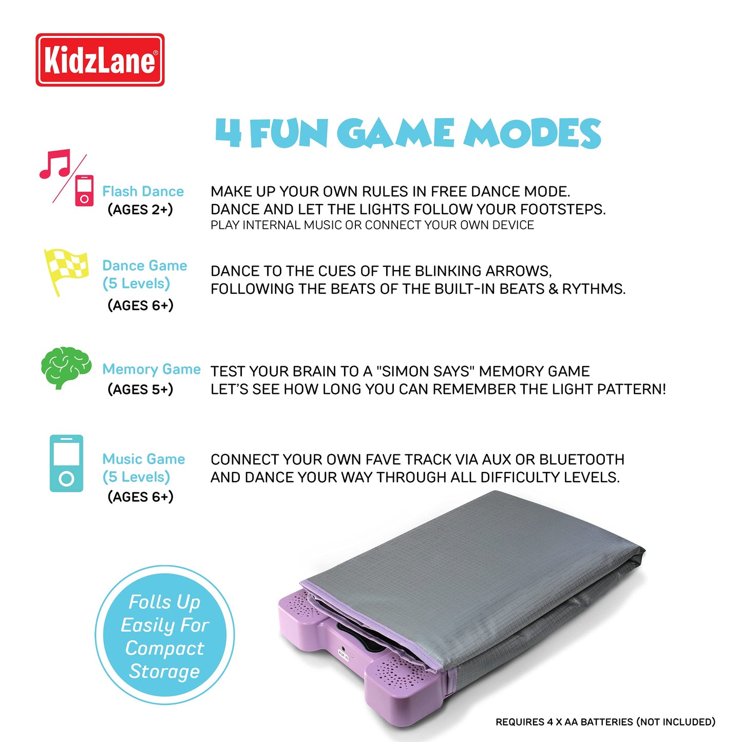 Kidzlane Electronic Dance Mat For Kids 8-12, Wireless Kids' Dance Mat With Bluetooth/Aux, Built-In Music, 5 Challenge Levels, 4 Modes, Interactive Toys For Kids Ages 6 And Up