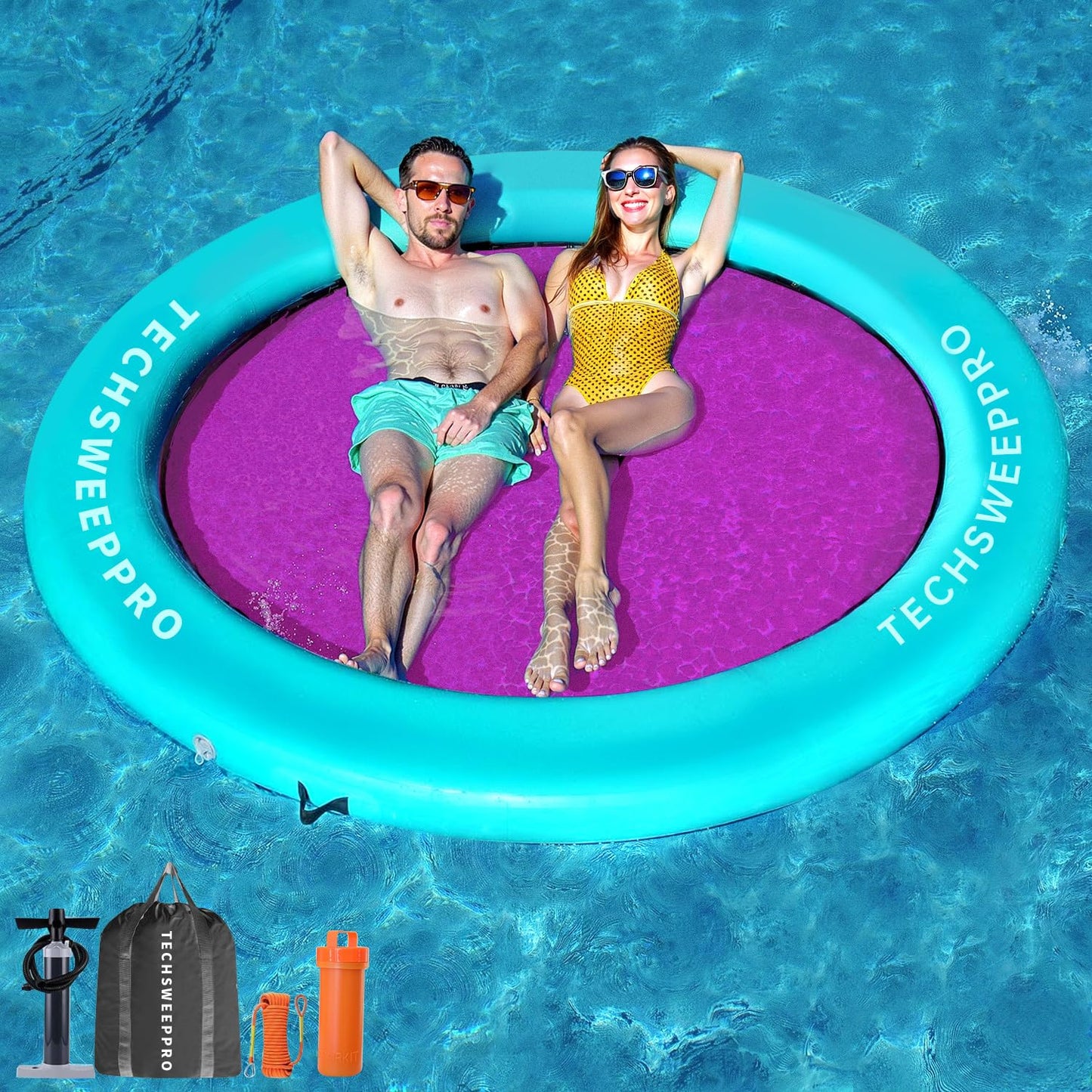 TechSweepPro Inflatable Water Hammock 800LBS Buoyancy 8ft Round Floating Ring Upgraded Materials Heavy Duty Circle Floating Raft