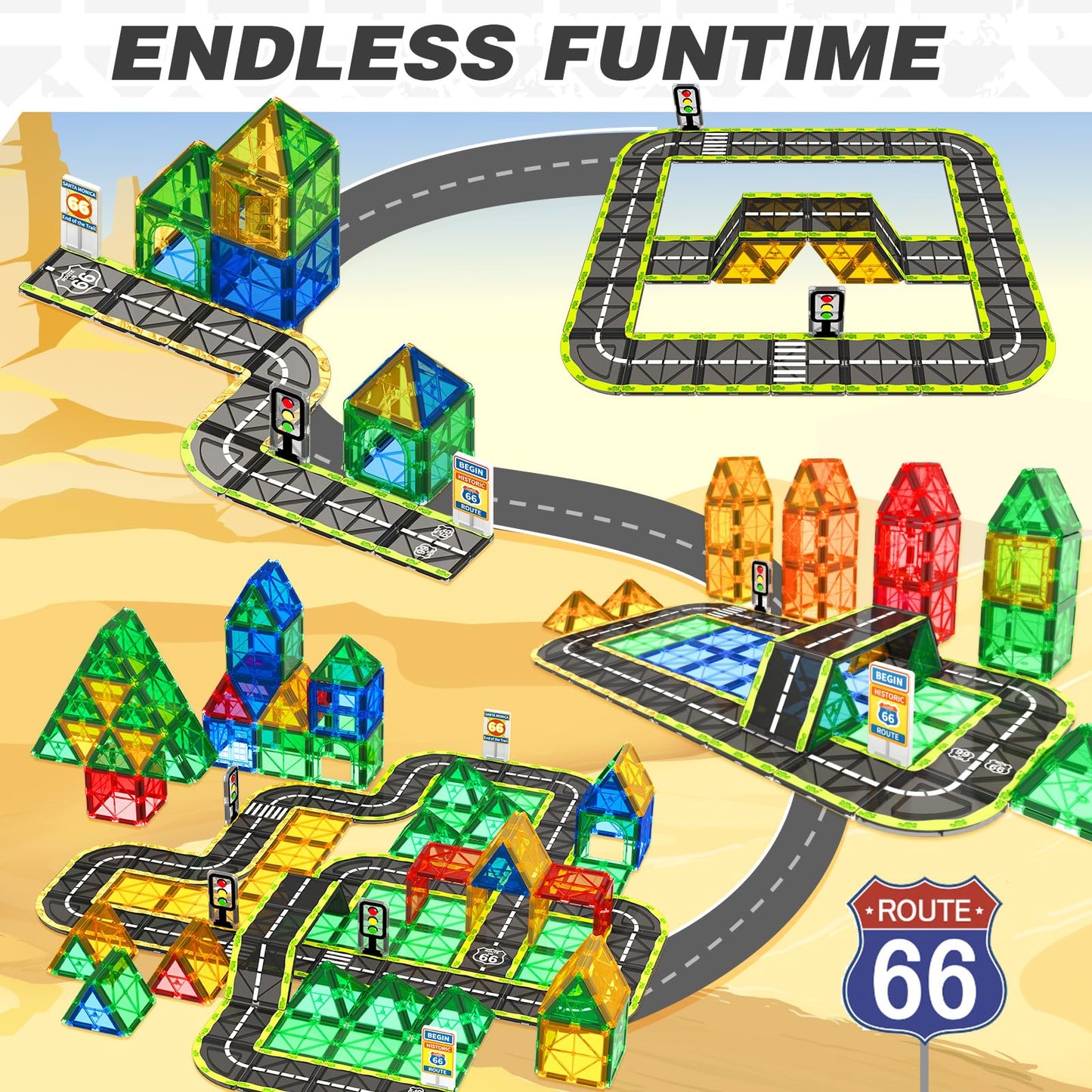 Magnetic Tiles Road - Route 66 Set, Magnet Building Blocks For Toddler Kids Toys, Construction Sets For 3+ Year Old Boys & Girls