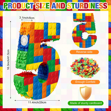 RoundFunny Number 5 Building Blocks Piata 16.5 Inch Party Supplies 5th Birthday Party Decorations Piata with Confetti Blocks The