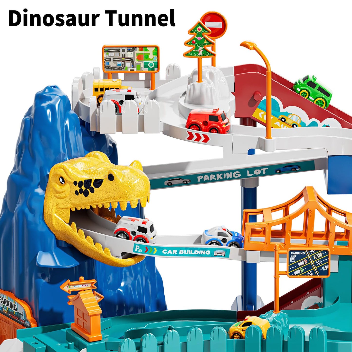 Temi Boys Dinosaur Race Track Playset, Kids Car Garage Parking Adventure Toy With 10 Mini Cars, Educational Toy Ramp Playset For