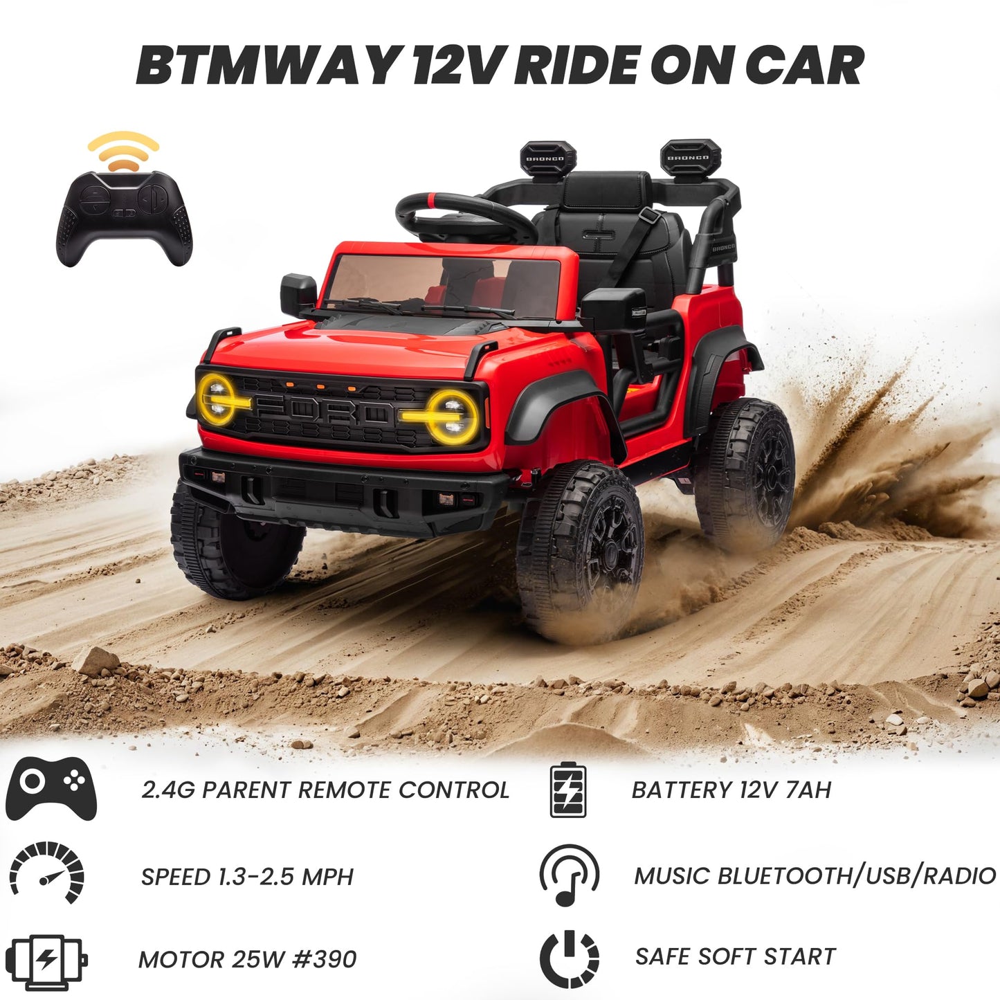 12v Ride On Truck with Remote Control Licensed Ford Bronco Raptor Electric Vehicle for Kids,Toddler Cars to Drive,Sefety Belt,Lo