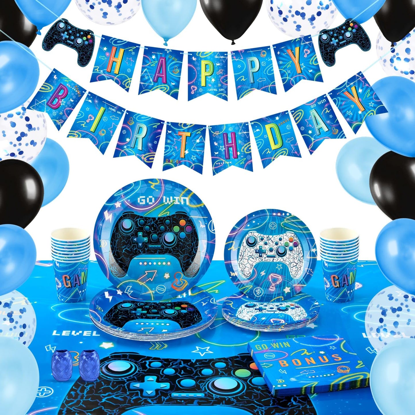 Wernnsai Video Game Party Supplies - 88 Pcs Gamer Birthday Party Decorations For Boys Family Gaming Night Tableware Set Happy Birthday Banner Tablecloth Plates Napkins Cups Balloons Serves 16 Guests