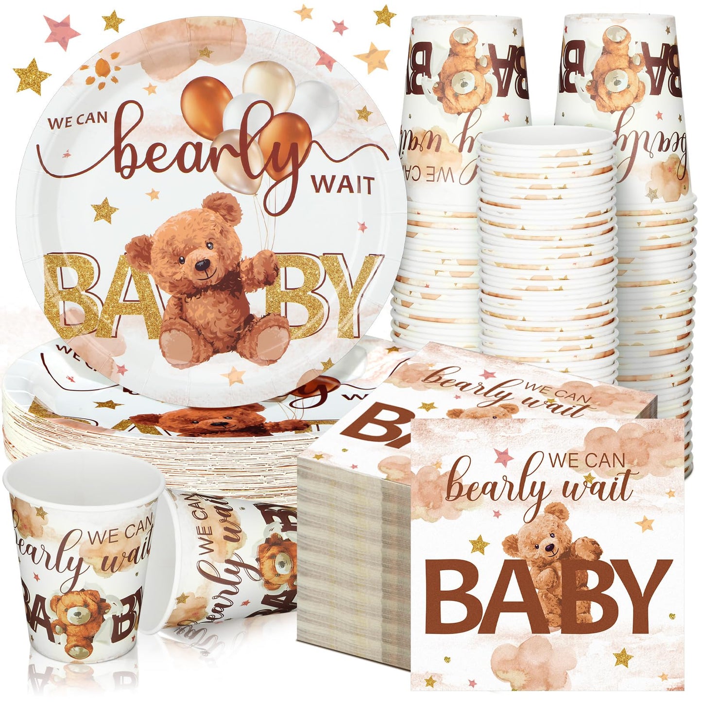Hushee 200 Pcs Brown Bear Baby Shower Paper Plates Napkins Cups Baby Shower Party Supplies Tableware Set Brown Bear Disposable C