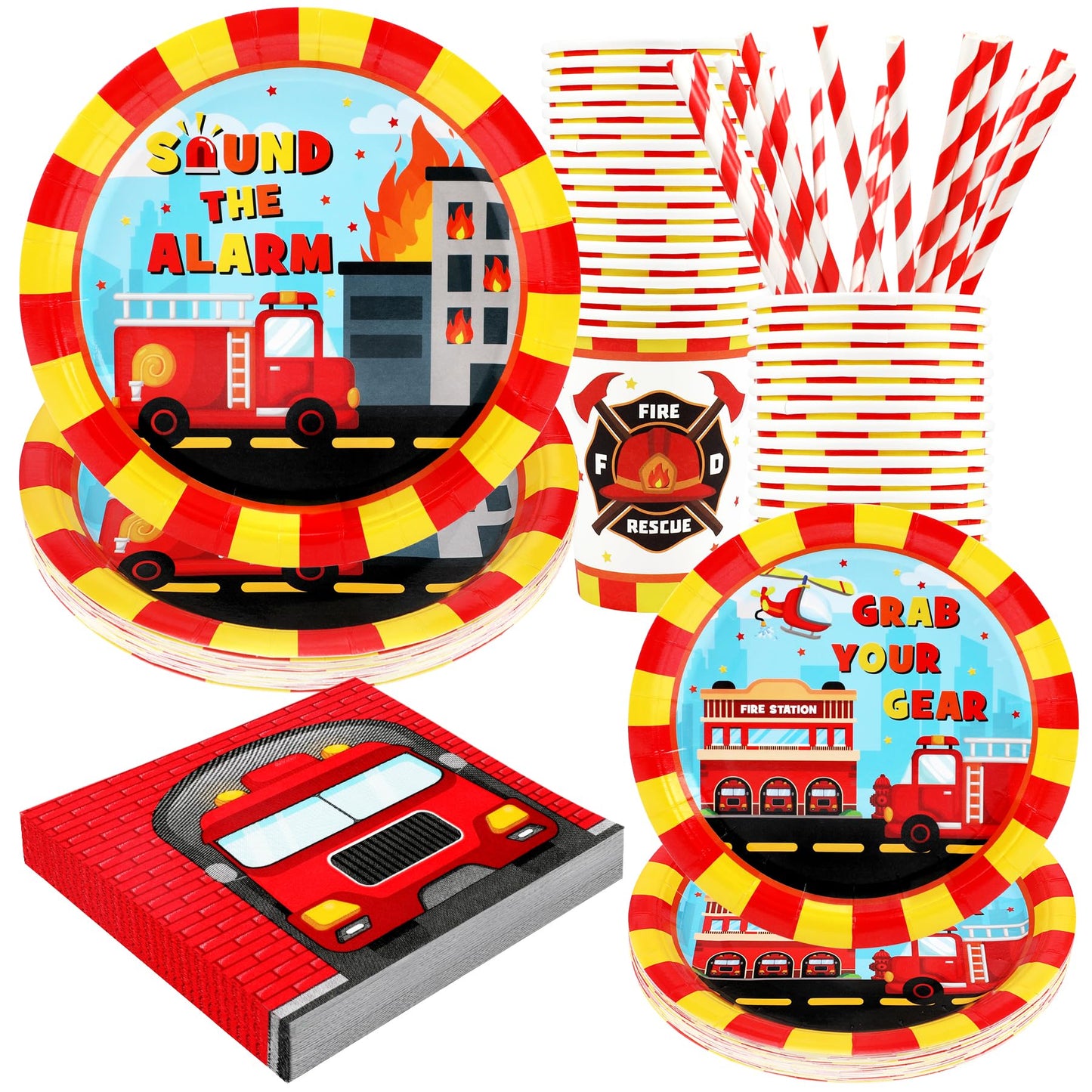 Firetruck Birthday Party Supplies Decorations, Fire Truck Theme Paper Plates And Napkins Set For 24 Guests, 120 Pcs Disposable F