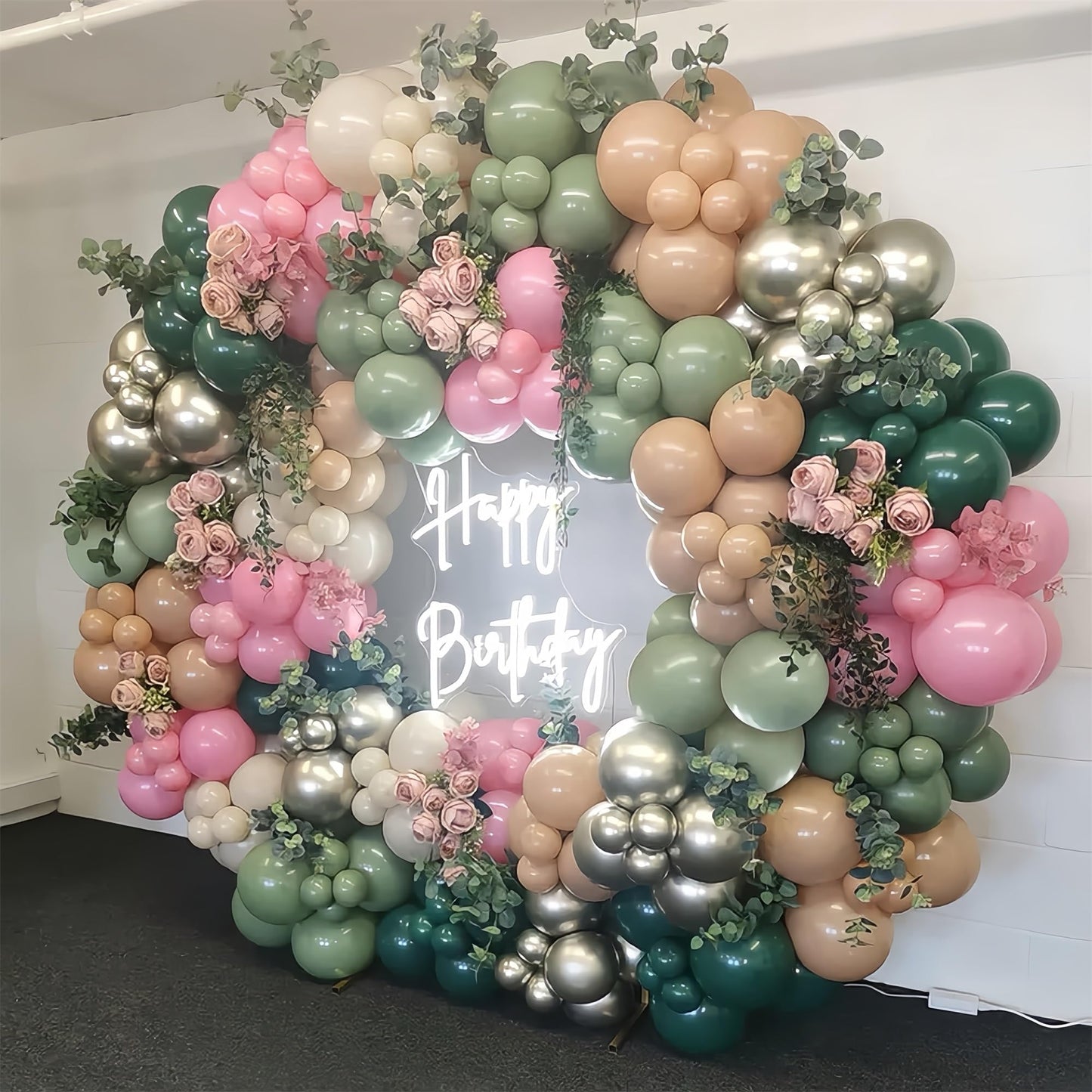 128Pcs Sage Green And Pink Balloon Arch Kit, Dusty Olive Green Blush Peach Beige Cream White Gold Latex Balloon Garland Kit For
