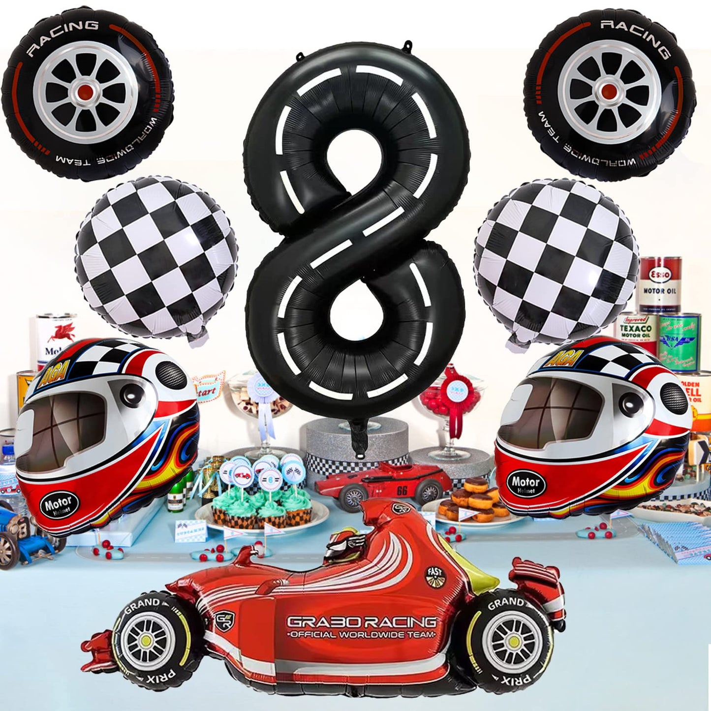 Stcomart 8 Pcs Race Car Party Decorations, Black Number 8 Balloon Checkered Balloons Tire Balloons For Boys 8Th Birthday