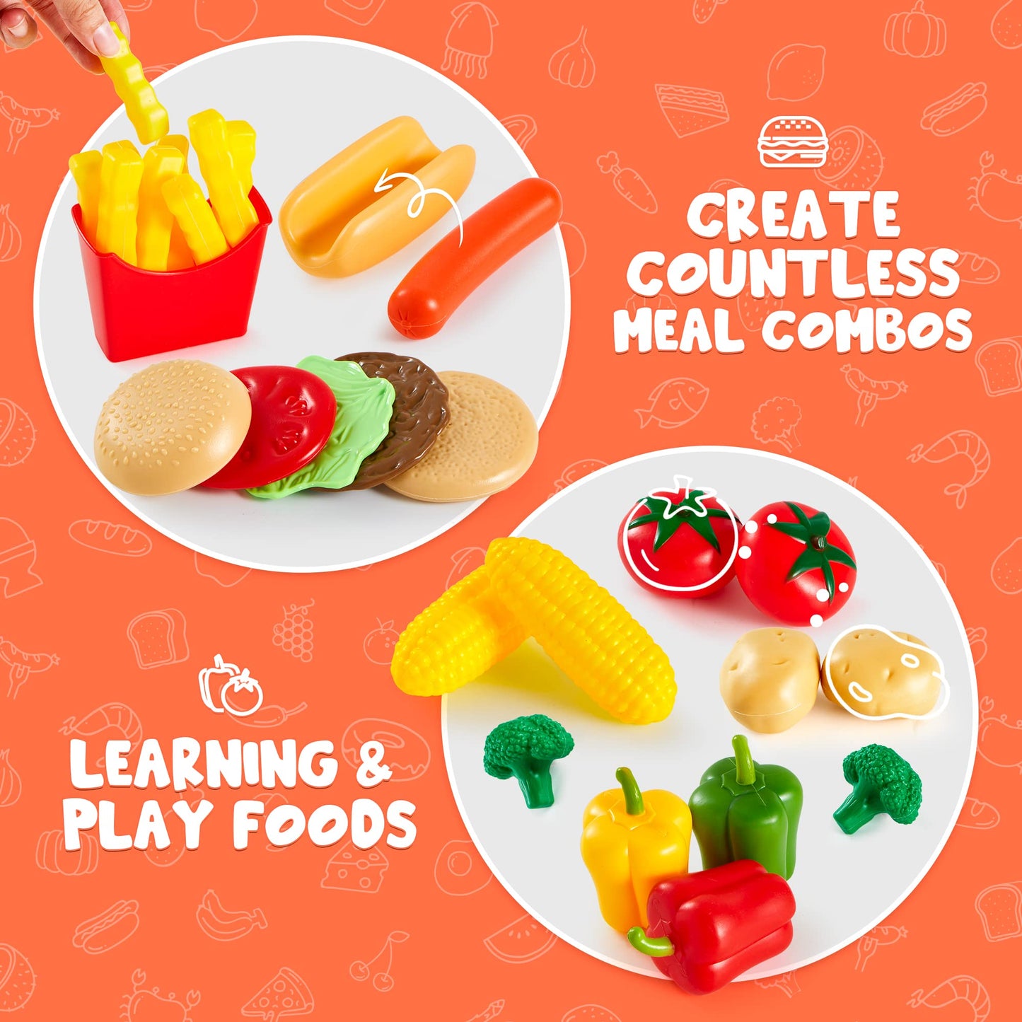 JOYIN 200 Pieces Kids Play Food Deluxe Pretend Food Set Play, Toy Food, Play Kitchen Accessories with Realistic Colors, Toddler