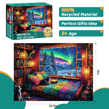 300 Pieces Puzzles For Adults | Winter Aurora Cat Jigsaw Puzzles | Large 300 Piece Puzzle For Children Adults Seniors | Sturdy,Safe | Engaging & Educational Toys Great Gift For Boys Girls 20.5 X 15 In
