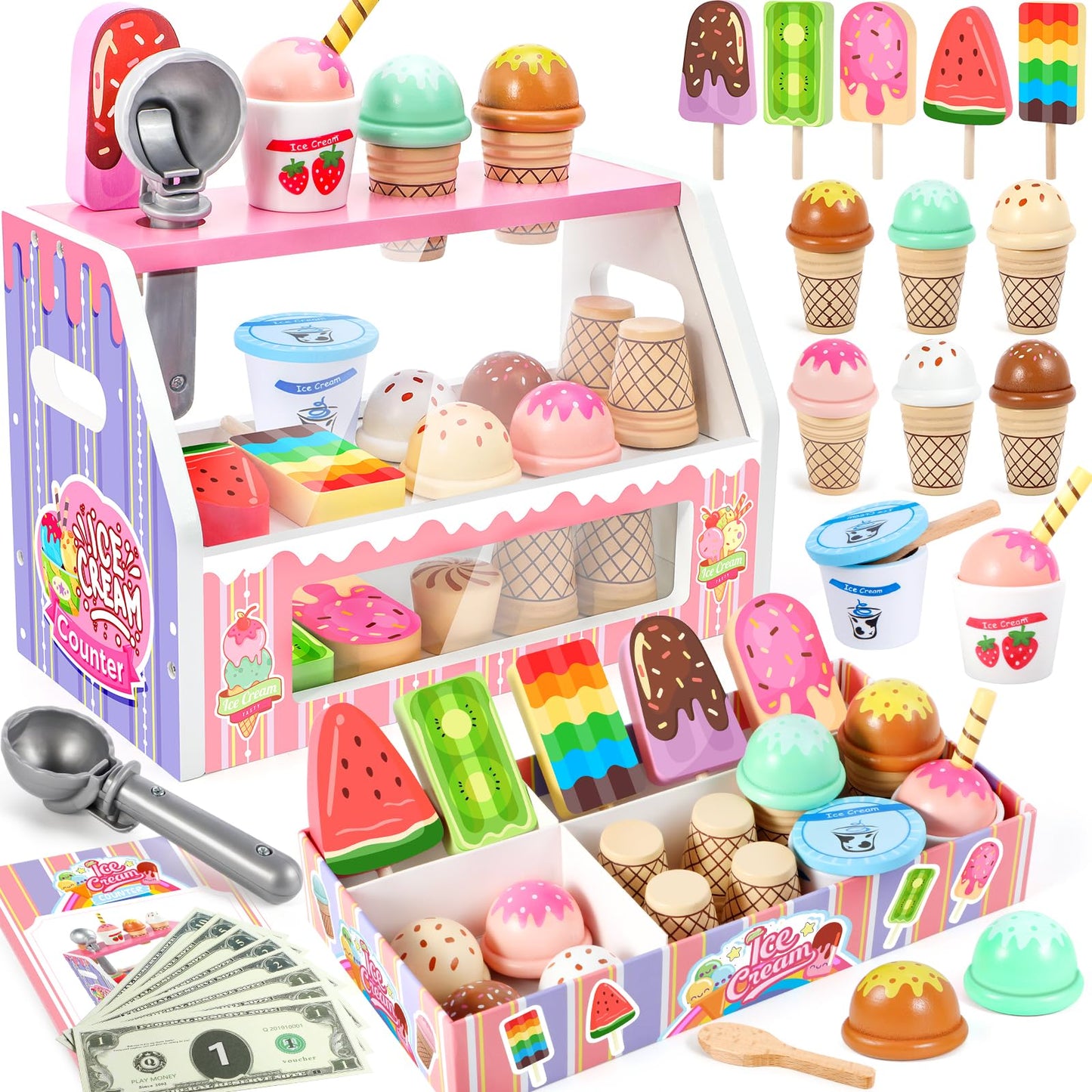 Loscola Ice Cream Toy, Wooden Ice Cream Toys for Kids Toddlers, Pretend Play Kitchen Food Toys, Ice Cream Counter Shop Playset f