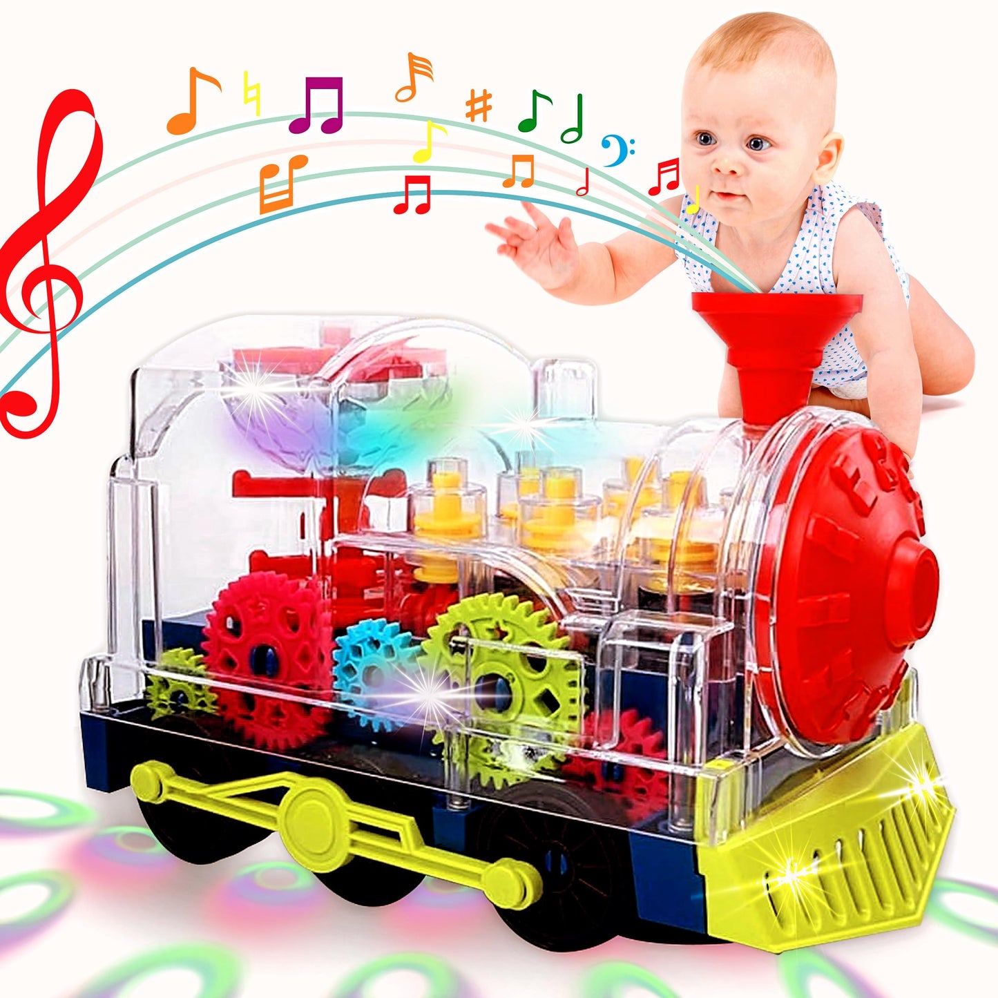 Tooty Toy Music Train Toy With Led Light Up For Kids - Colorful Moving Transparent Gears For Toddlers -Tummy Time Crawling Baby Toys -Ideal Gift For Boys Girls