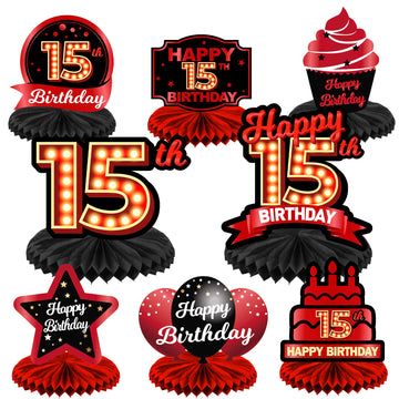 Happy 15Th Birthday Red And Black Table Honeycomb Centerpieces Balloons Theme Decor Table Decorations Table Toppers For Girls Women Princess 15 Years Old Birthday Party Bday Supplies Background Gold