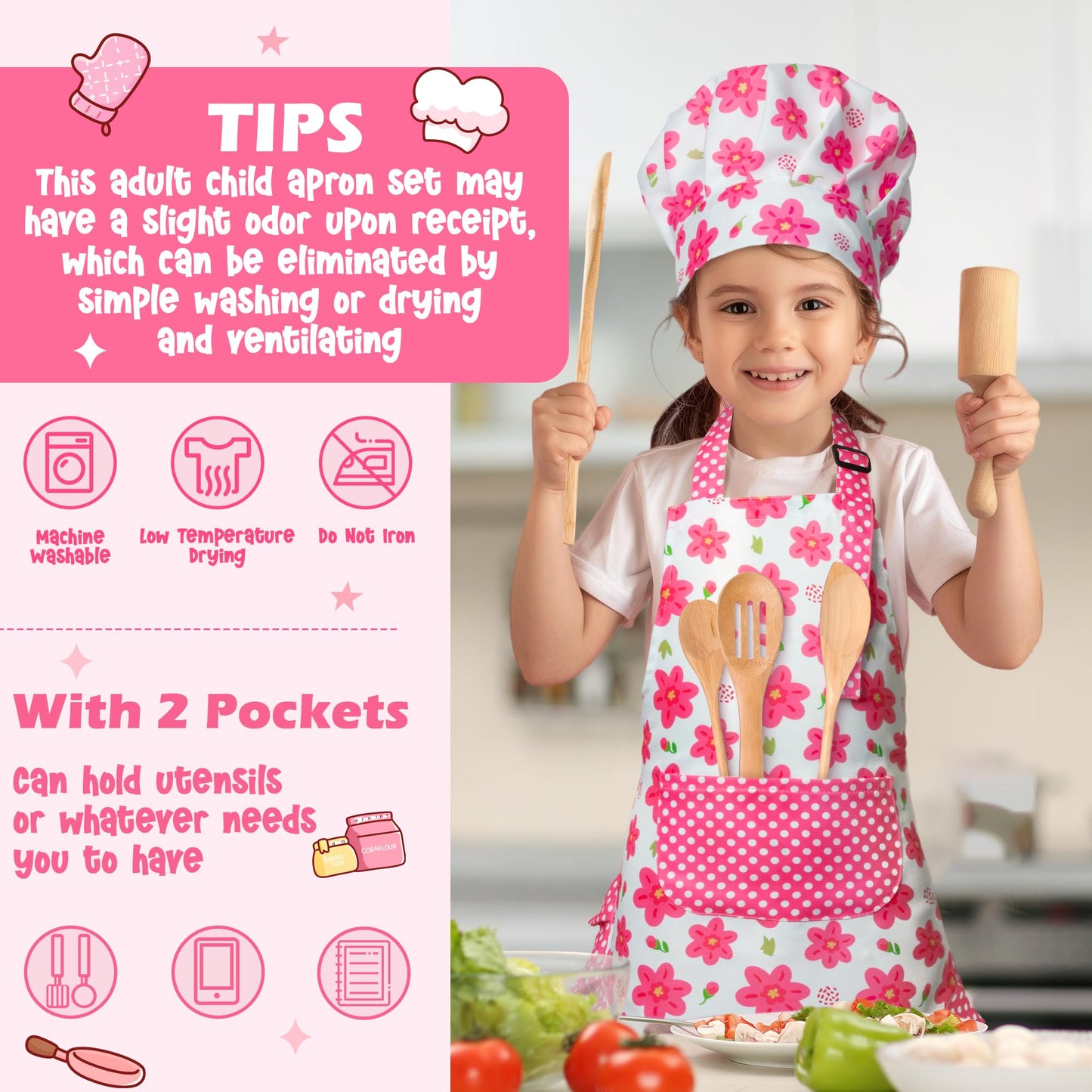 R HORSE Kid Apron and Chef Hat Set - 2Pcs Adjustable Children Pink Flower Kitchen Apron, Dress up Role Play Chef Toy Cooking Bak