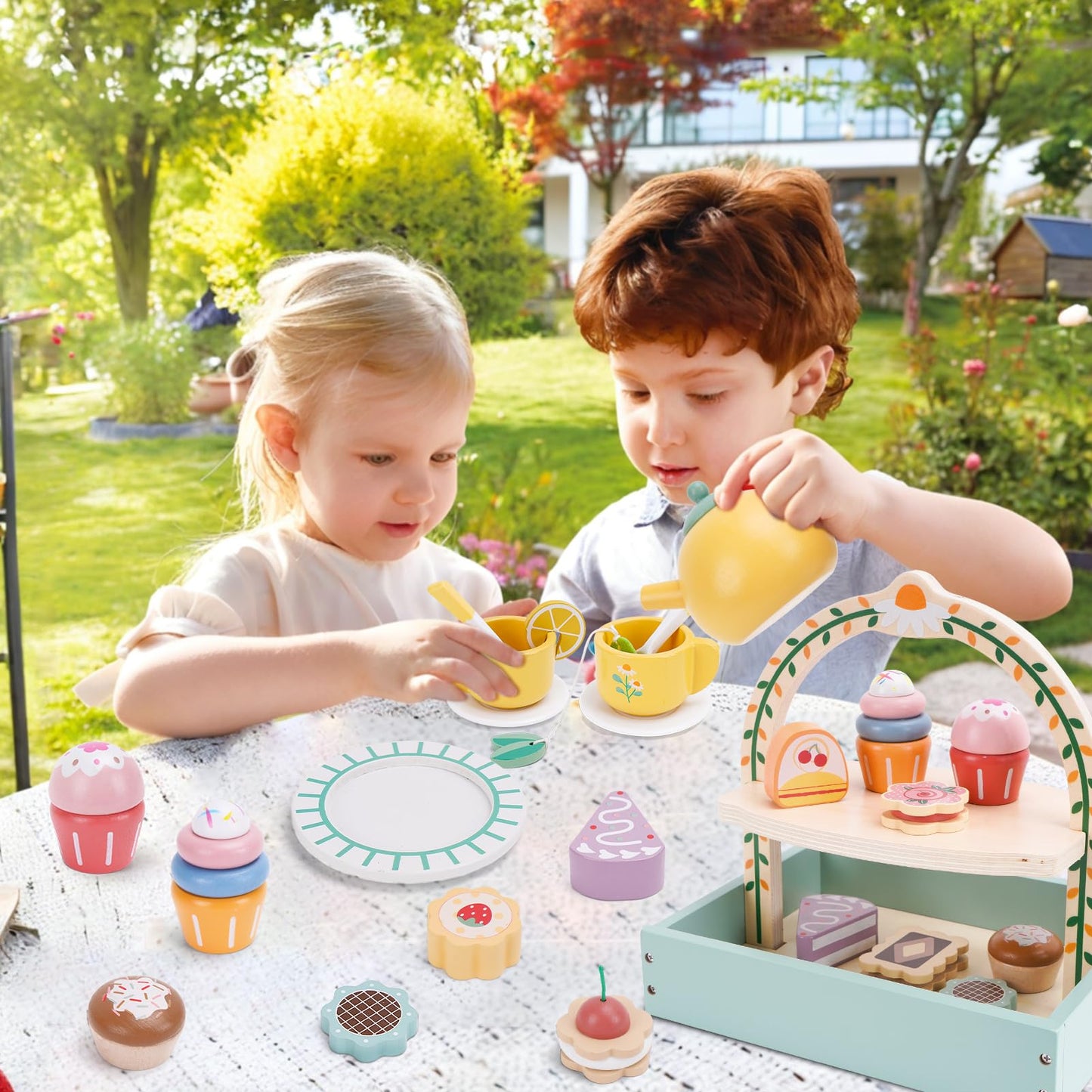 Wooden Tea Party Set for Little Girls, Tea Set Toddler Girl Toys, Pretend Play Tea Sets for Toddlers 3-5, Wooden Toys with Cupca