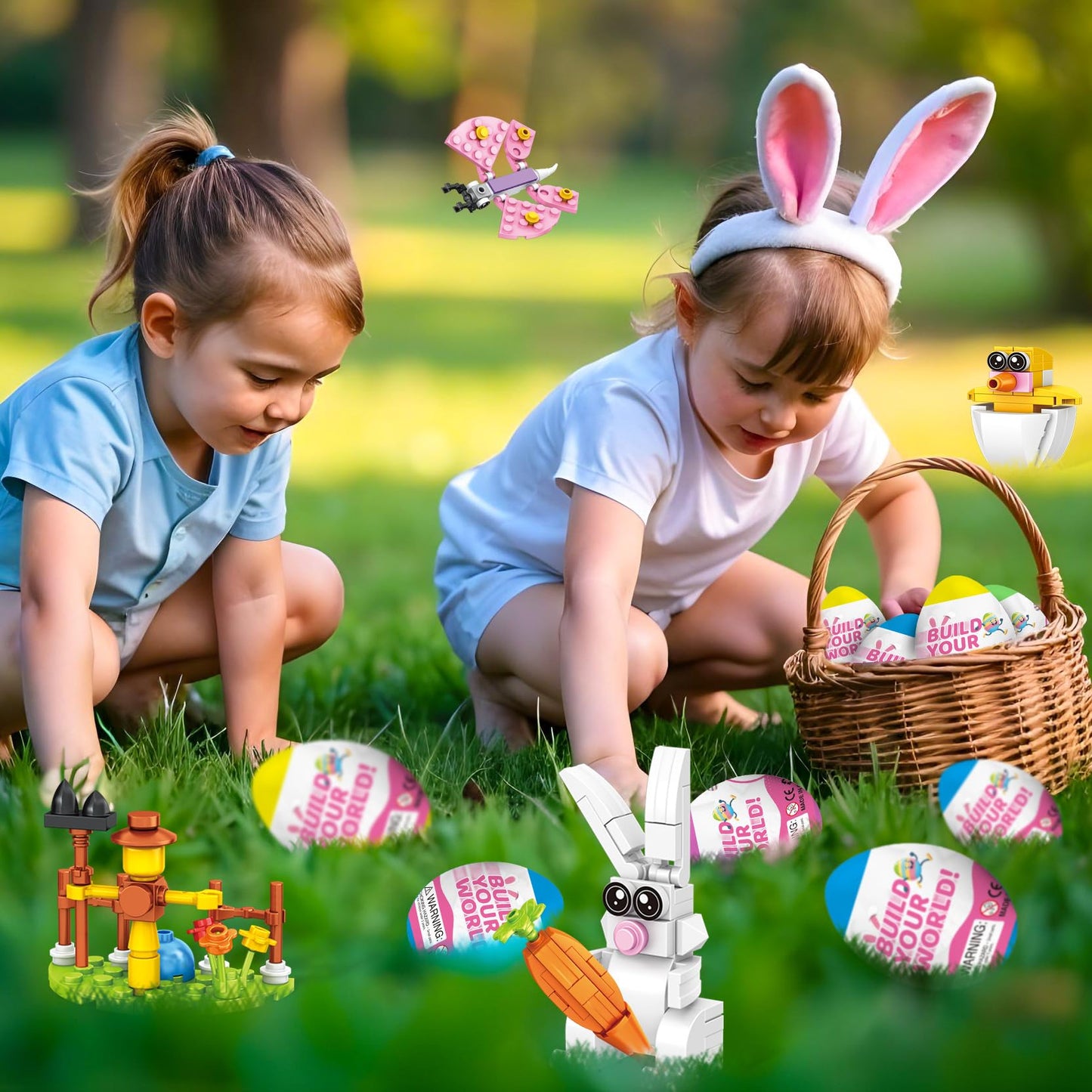 Easter Bunny Building Toy Set, Easter Gifts For Kids - 12-In-1 Rabbit Building Block With Prefilled Eggs, Includes Chick, Sheep,