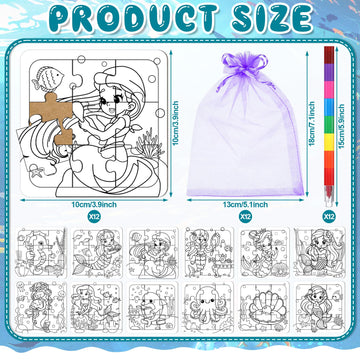 Fullhawl 12 Sets Mermaid Puzzles Underwater Color Your Own Puzzles DIY Jigsaw Crafts with 12 Stackable Crayons and 12 Bags for Under The Sea Theme Gifts Birthday Party Supplies(12 Mermaid)