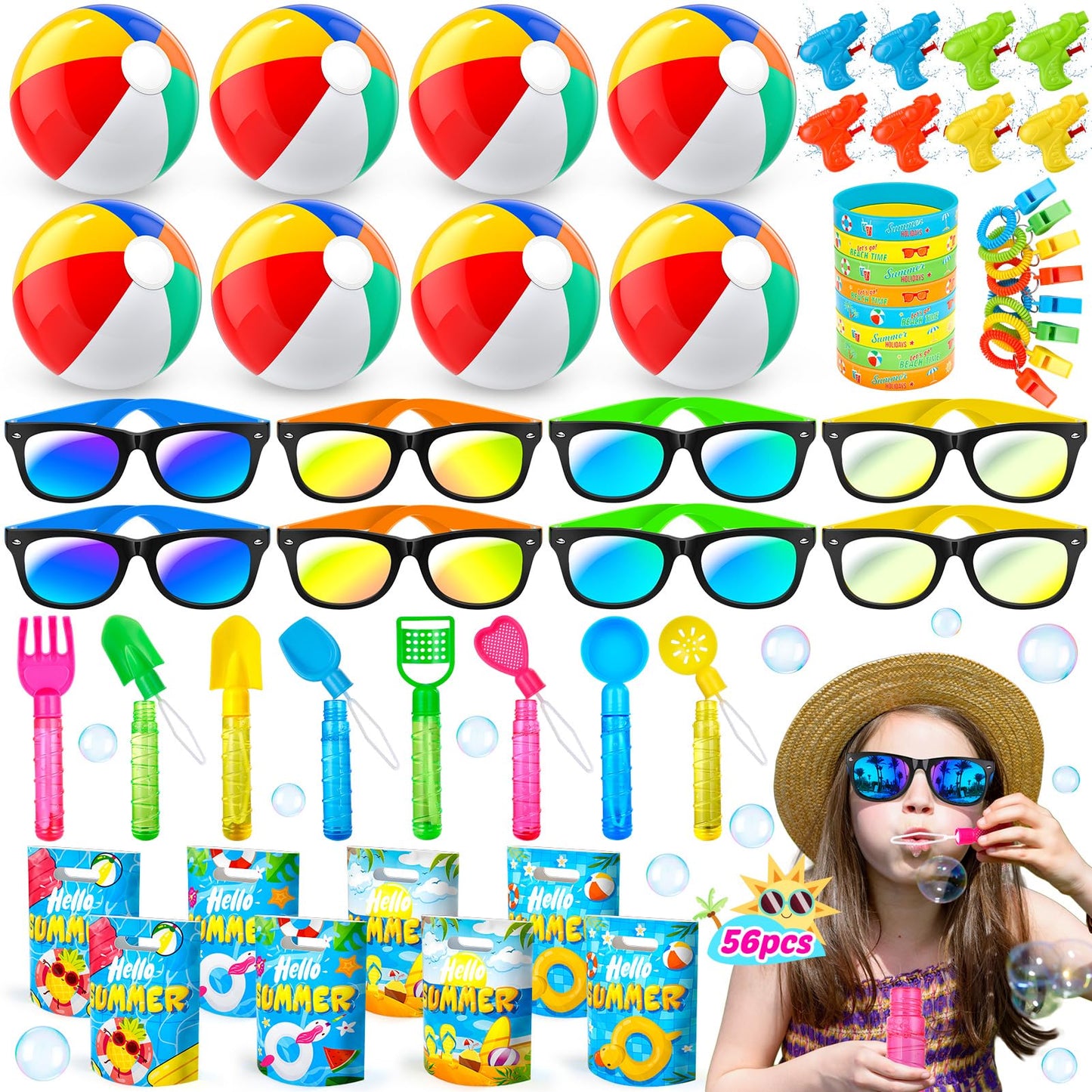 Pool Party Favors And Beach Party Favors, 56 Pcs Summer Birthday Beach Pool Party Favors For Kids 3-5 4-8 Beach Balls, Kids Sunglasses Bulk, Bubble Wands, Beach Pool Toys For Kids Ages 3-4-8-10-12