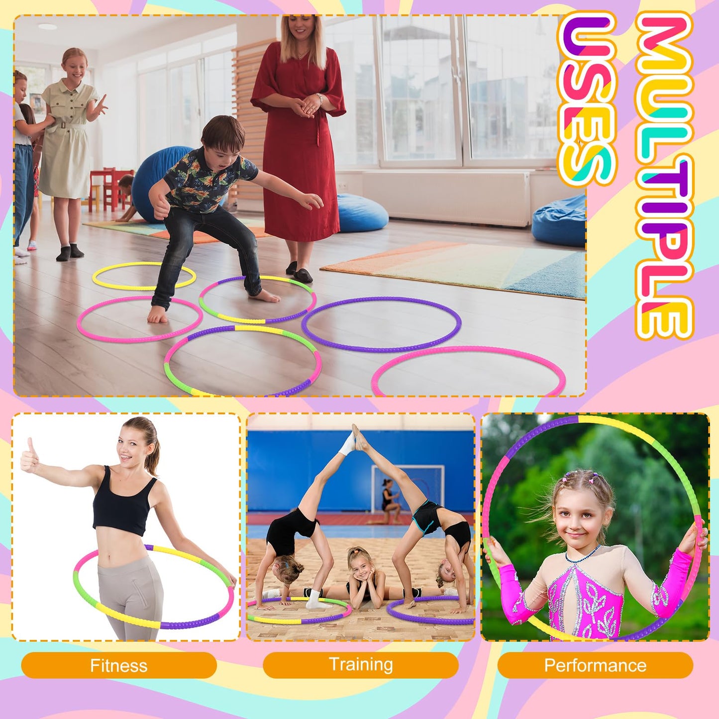 Syhood 12 Pcs Toy Color Hoop Plastic Detachable Adjustable Hoop Light Weight Exercise Hoop Fitness Hoop Equipment Toy Waist Ring for mature-themed Party Game Dance 3 Sizes(Green Rose Yellow Purple)