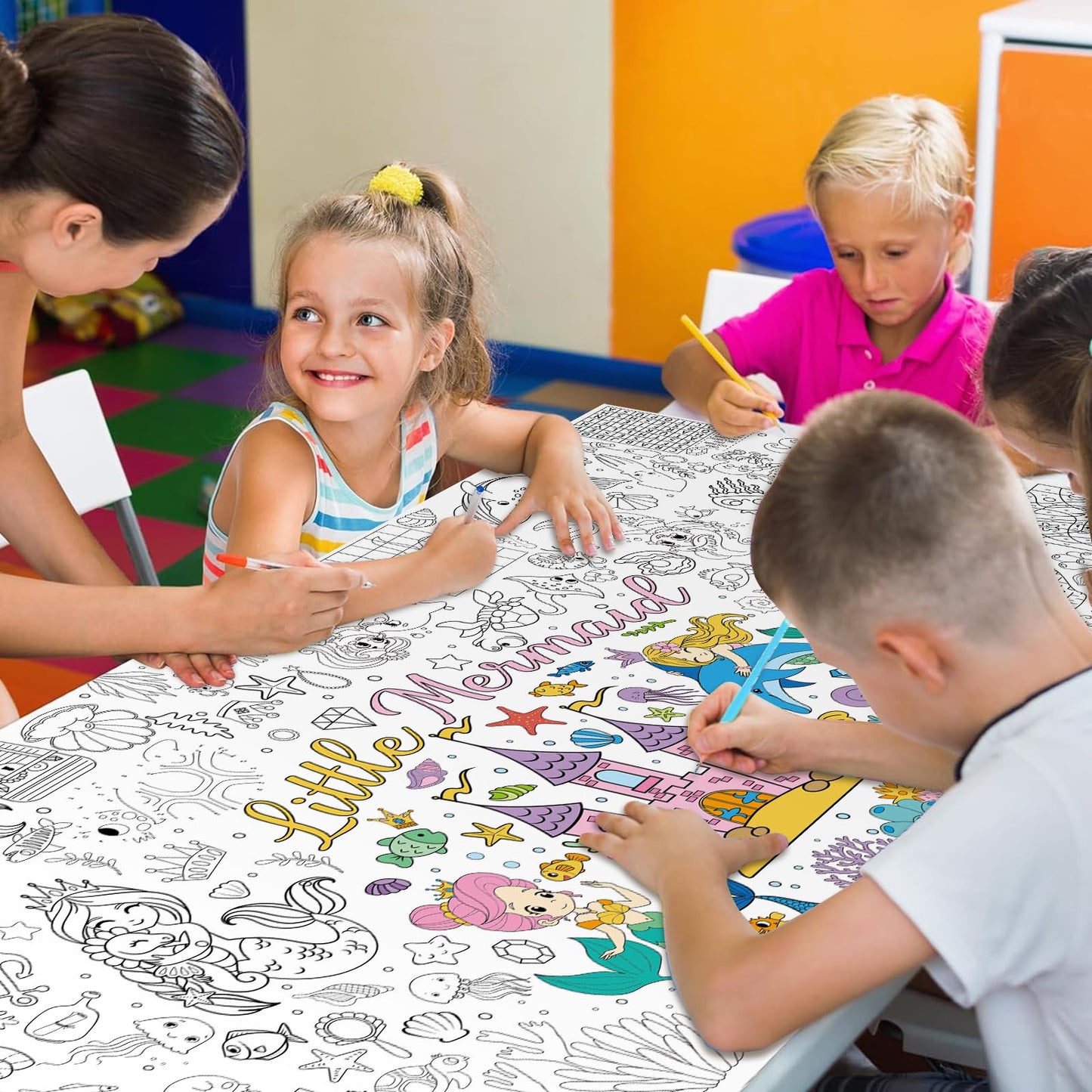 Mermaid Giant Coloring Poster For Kids 30 X 72 Inch, Mermaid Large Coloring Poster Sheets Tablecloth, Mermaid Themed Color-In Ac