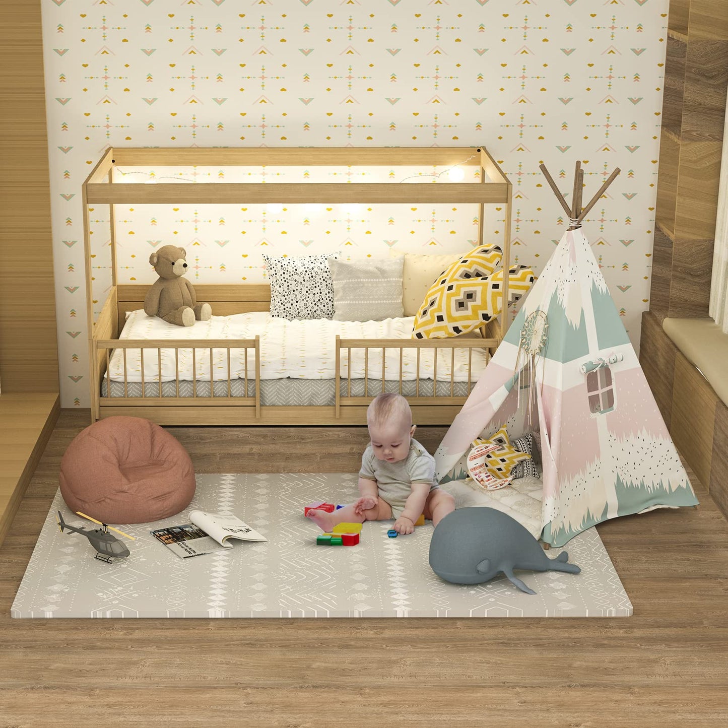Tcbunny 16 Interlocking Tiles And Edges Baby Play Mat For Kids & Toddlers (Bohemia Style)