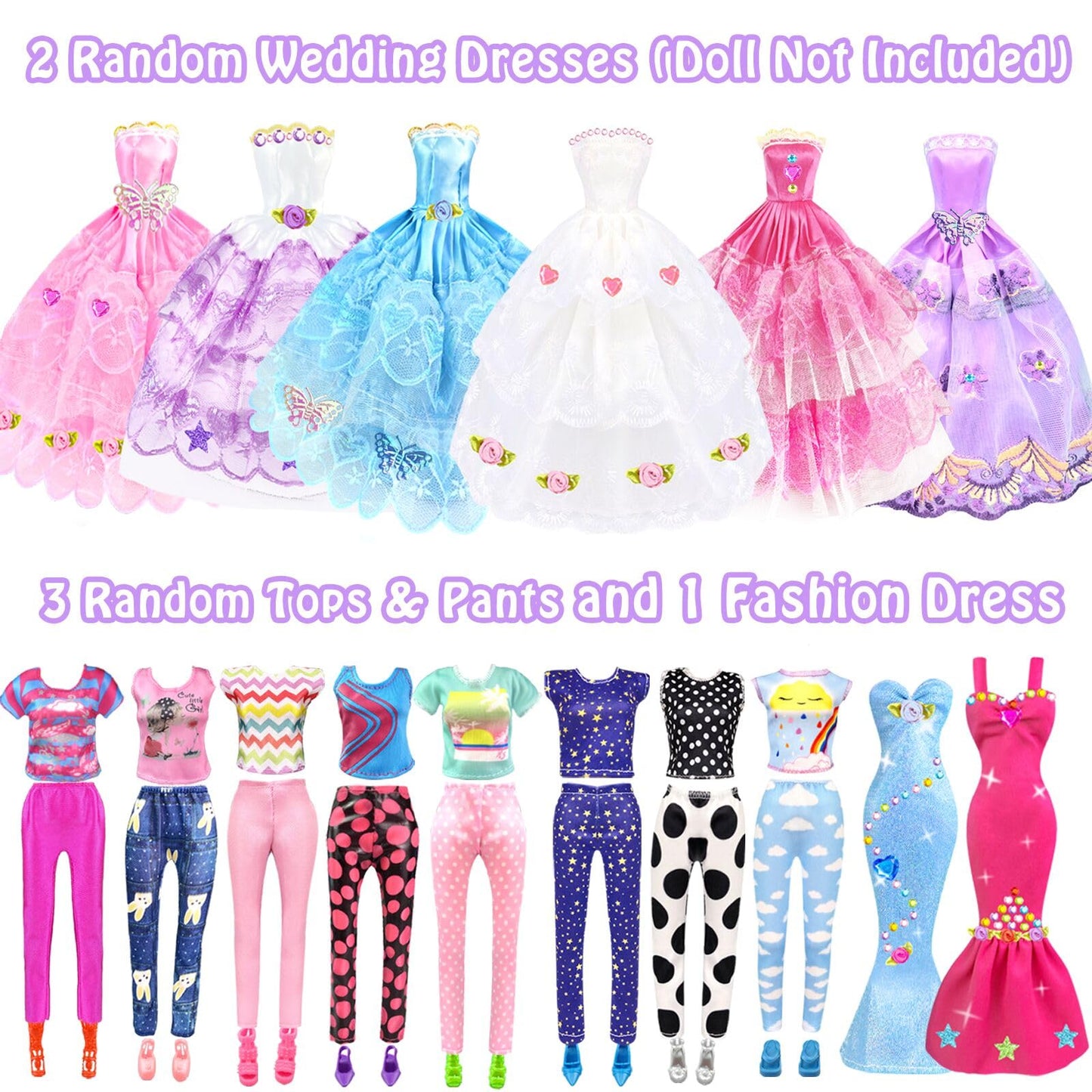 75Pcs Doll Clothes And Accessories Fashion Design Kit For 11.5 Inch Doll Dress Up Including 2 Wedding Gown Dresses 1 Fashion Dress 2 Party Dress 8 Mini Dresses 3 Tops And Pants 10 Shoes 6 Necklaces