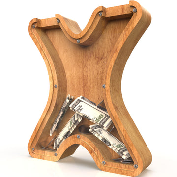 Piggy Bank For Kids Boys Girls, Large Personalized Wooden Letter Piggy Bank With Cut-Out Design, Alphabet Letter Coin Banks, Money Savings Box, Wooden Bank For Kids Creative Gift For Real-Money(X)