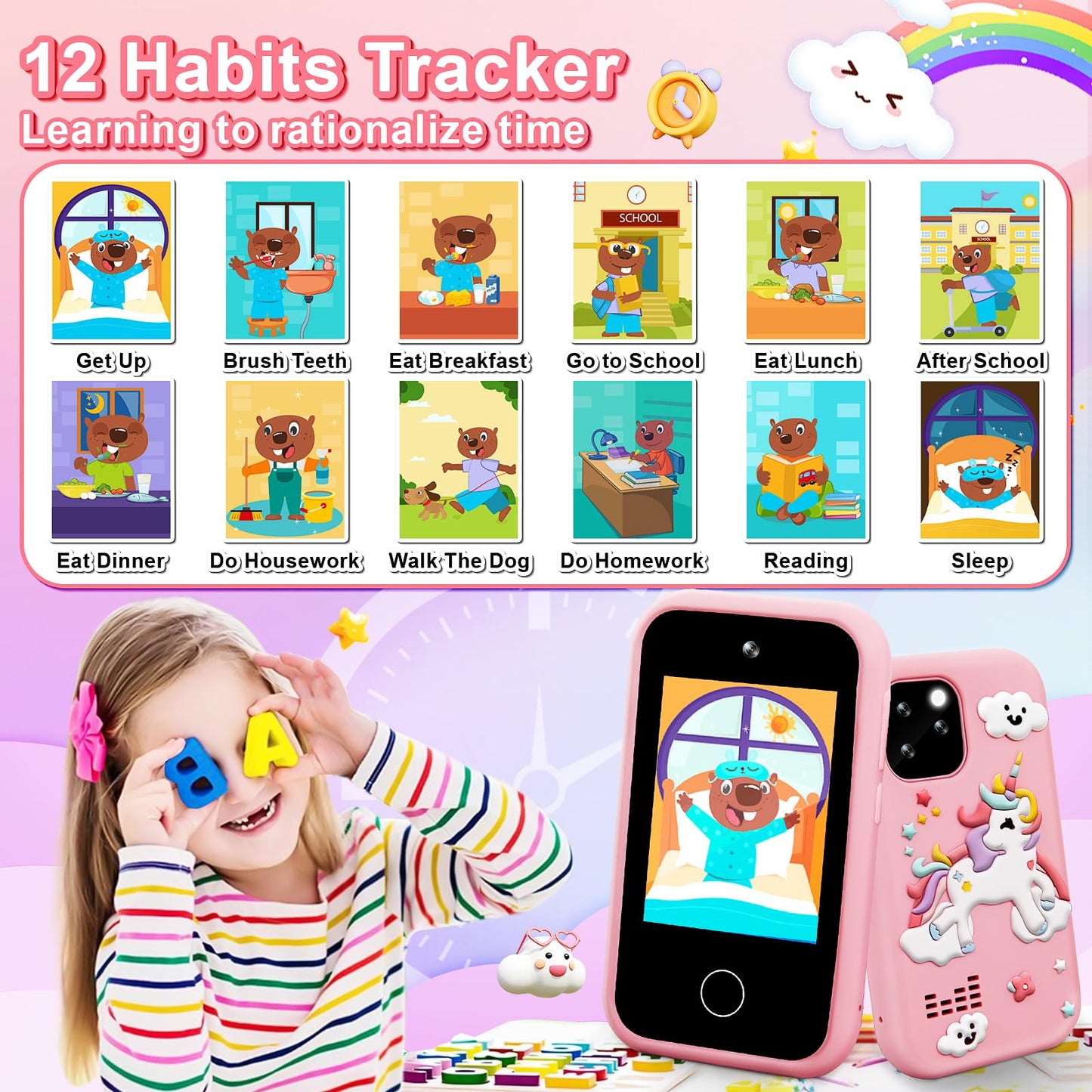 GKTZ Kids Smart Phone Toys - Dual Camera Cell Phone for Kids, Unicorn Toys for Girls Age 4-6, Toddler Play Phone for 3 4 6 7 8 Y