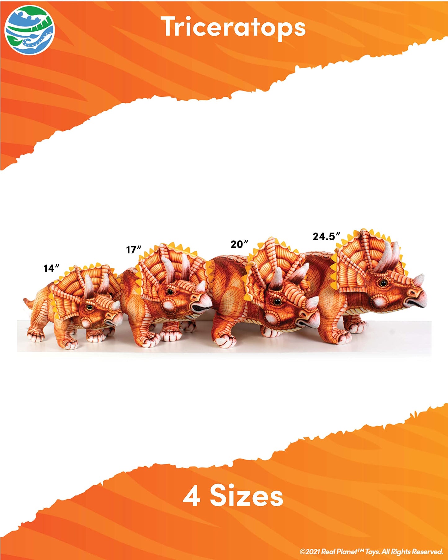 Real Planet 14 Orange Triceratops Plush Toy - Baby Safe Stuffed Dinosaur Plushie, Cute Soft Animal for Kids