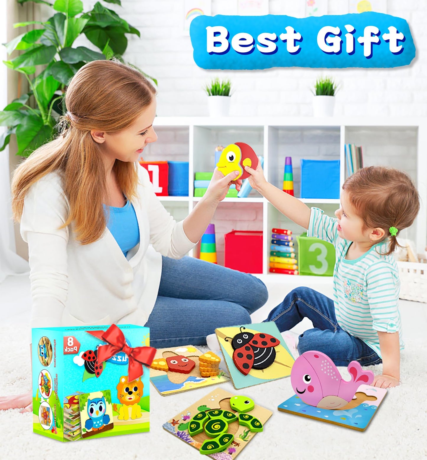 Aiziyuo Animal Wooden Puzzles, Montessori Toys For Toddlers 1-3, 8 Pack Baby Puzzle For Kids1 2 3+ Years Old, Preschoool Learnin