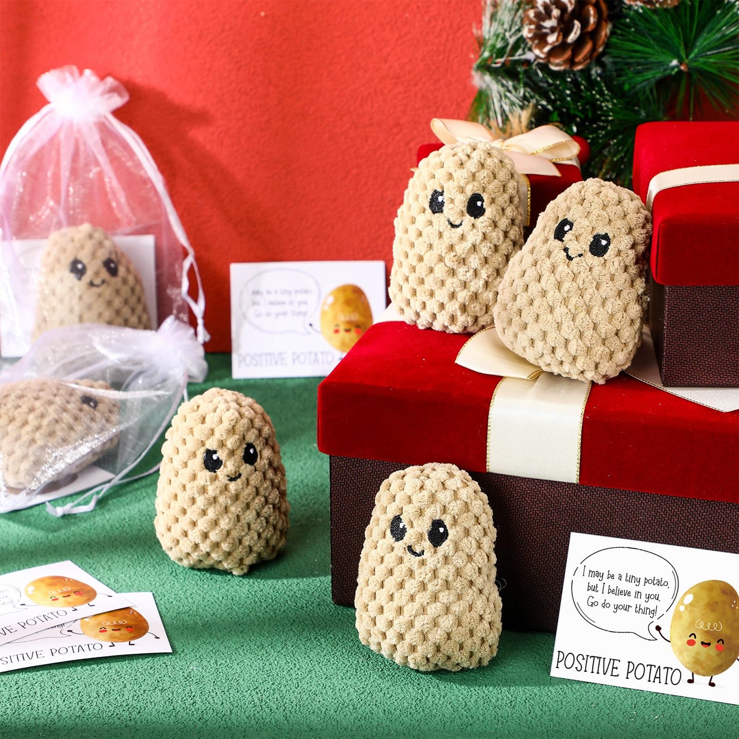 Roundfunny 12 Sets Positive Knitted Potato Toys Emotional Cute Potato Crochet Gifts Positive Cards Bags Inspirational End Of Sch