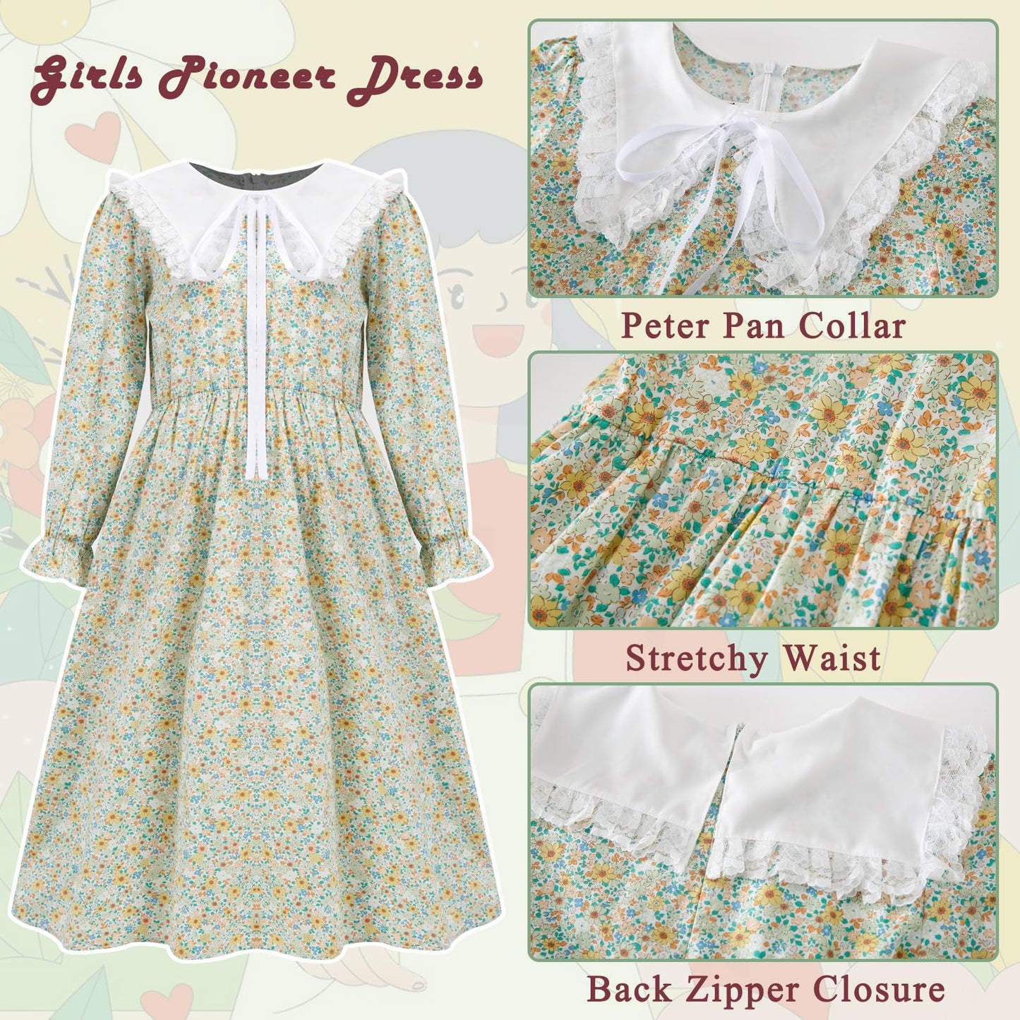 Fortmac Prairie Dress Girls Pioneer Colonial Costume Floral 1800S Pilgrim Costume With Apron And Bonnet Green 9-10Y