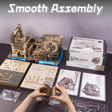 ROBOTIME 3D Puzzle Marble Tracks Set - Motorized Spaceport & Night City, Basswood, Model RBT-LGX02, Engineering Gift