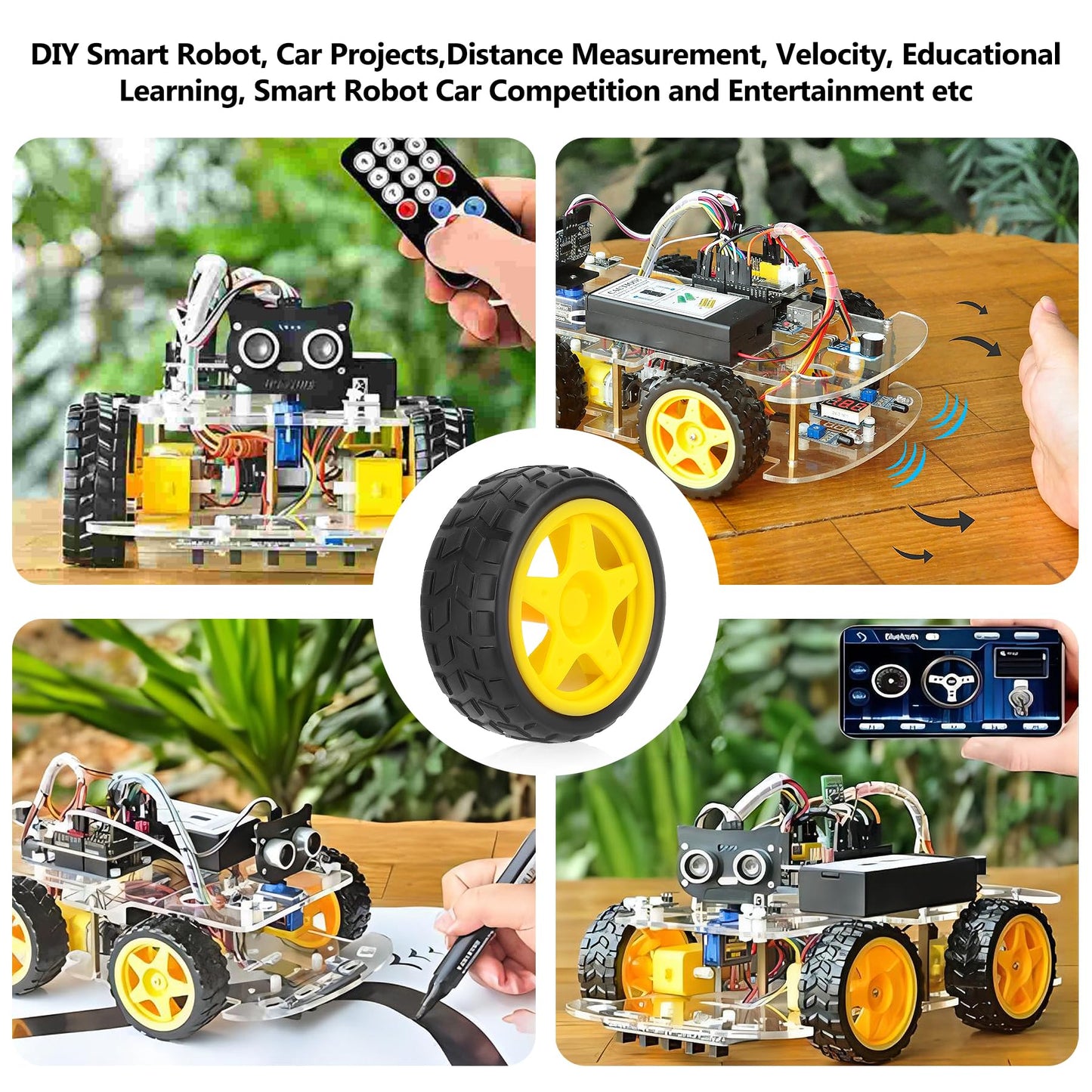4 Sets TT Motor with Leads, DC Motor DC 3-6V Gearbox Motor Dual Shaft 200RPM Ratio 1:48 Motor with Tire Wheel Kit for Arduino DI