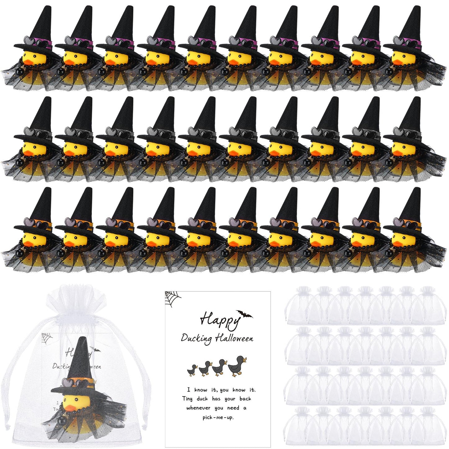 Lunmon 200 Pcs Halloween Party Favors 50 Pcs Halloween Witch Rubber Duck 2 Inch Small Sunglass Duck for Bath Pool 50 Card 50 Org