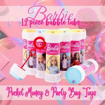Toyland Pack of 12 Barbie Bubble Tubs with Wands, 2fl oz Solution & Novelty Maze Lid - Pocket Money & Party Bag Toys