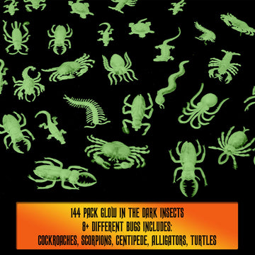 Glow In The Dark Insects - 144 Pieces - Party Favor And Prank Toys - Assorted Reptiles And Bugs Toys – Great For Halloween, Birthday Parties, Piñatas, Prizes And More - By Skeleteen