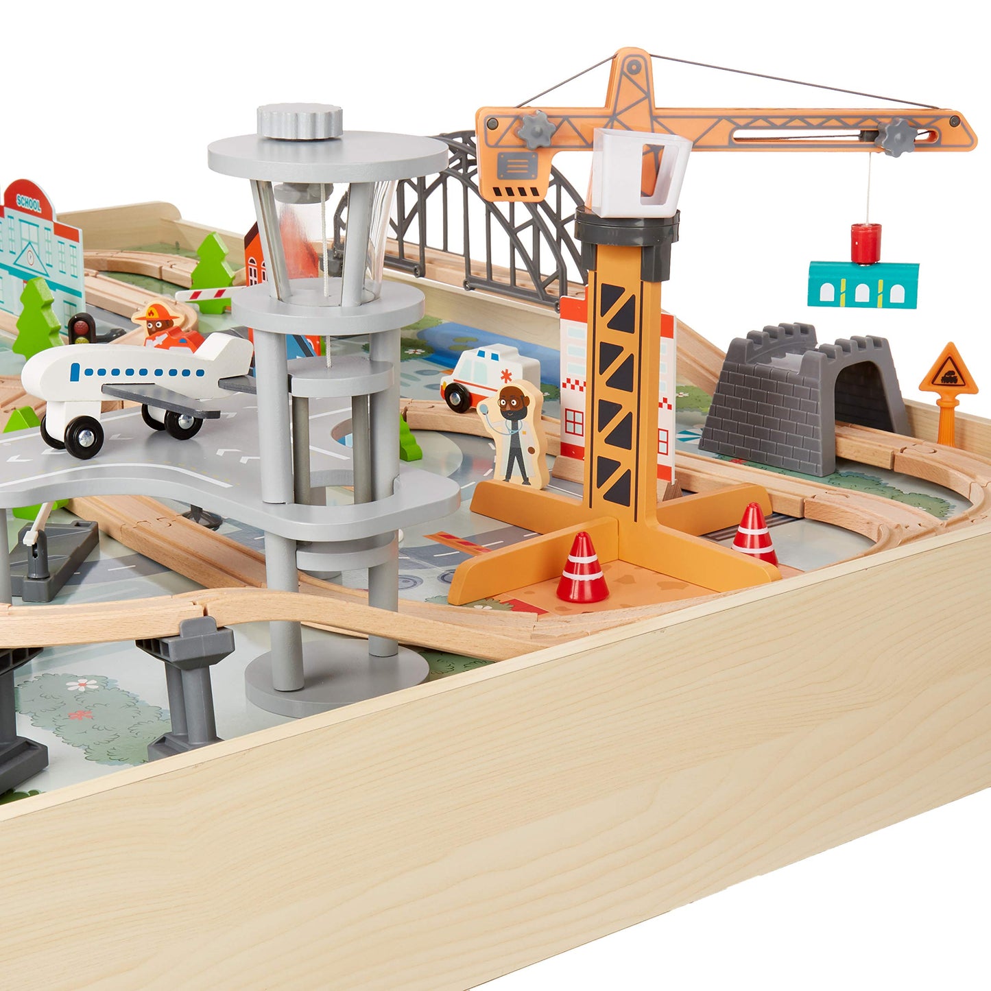 Amazon Basics 120-Piece Wooden Train Set with Table, Multi-Activity, 47.4 x 33.46 x 16.14 inches, Storage Bin, Model 838385