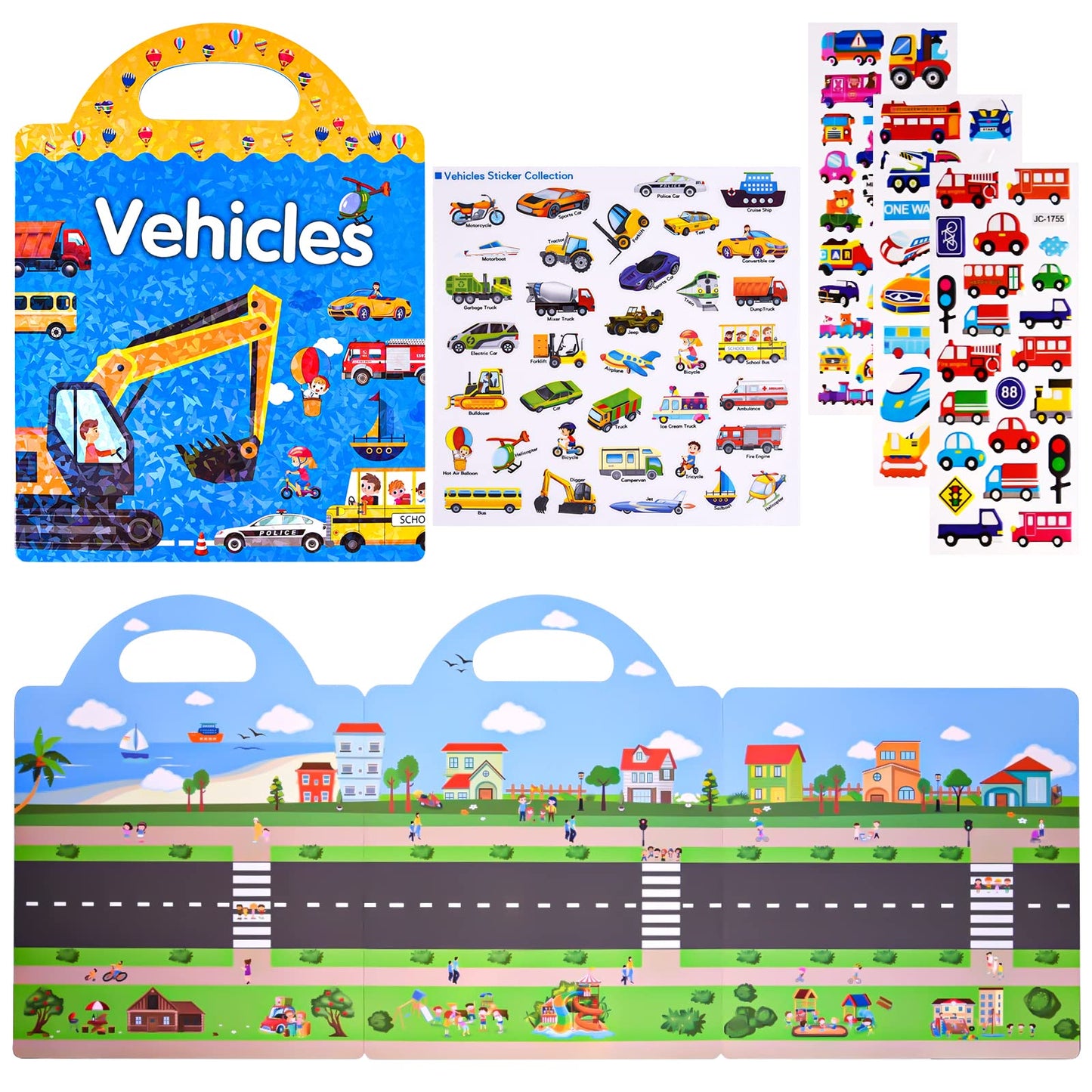 Astaron Reusable 3D Puffy Sticker Book For Kids, 88 Pcs Cute Waterproof Vehicles Stickers,Puffy Sticker Game Travel Stickers And Educational Sensory Learning Toy,4 Fold-Out Scenes Choices,(2-6 Age)