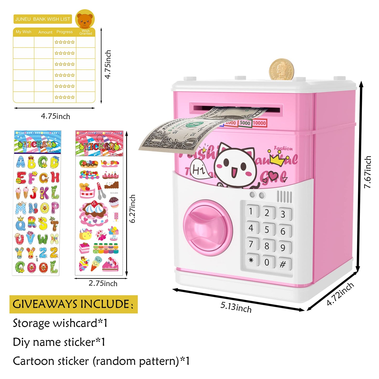 JUNEU Smiley Cat Electronic ATM Piggy Bank for Kids, Cash Coin Can with Stickers, Ideal Birthday Gift for Ages 5-12, Pink-A