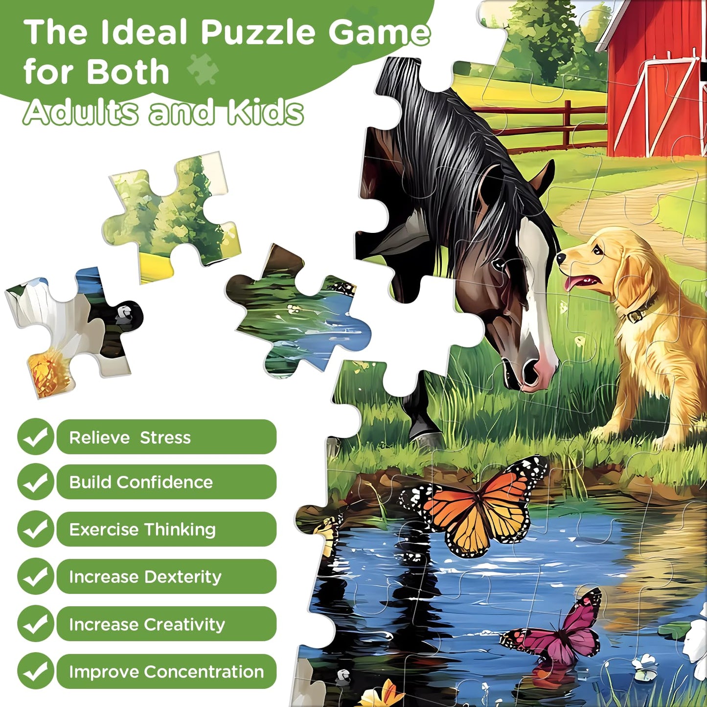 300 Piece Puzzle for mature-themeds Golden Retriever Horse on Farm Scenic Landscape Jigsaw Puzzle Jigsaw Puzzles for mature-themed 300 Piece Challenging Yet Relaxing 300 Pieces Puzzle Game for Kids mature-themeds Seniors