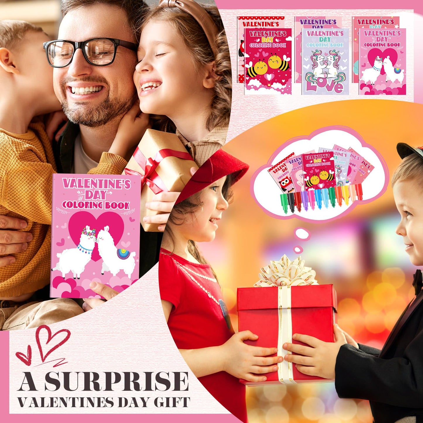 Motipuns 24 Pack Valentines Day Theme Coloring Book with 24 Stacking Crayons Sets for Kids Valentine Party Favor, Mini Coloring