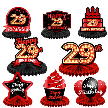 Happy 29Th Birthday Red And Black Table Honeycomb Centerpieces Balloons Theme Decor Table Decorations Table Toppers For Girls Women Princess 29 Years Old Birthday Party Bday Supplies Background Gold