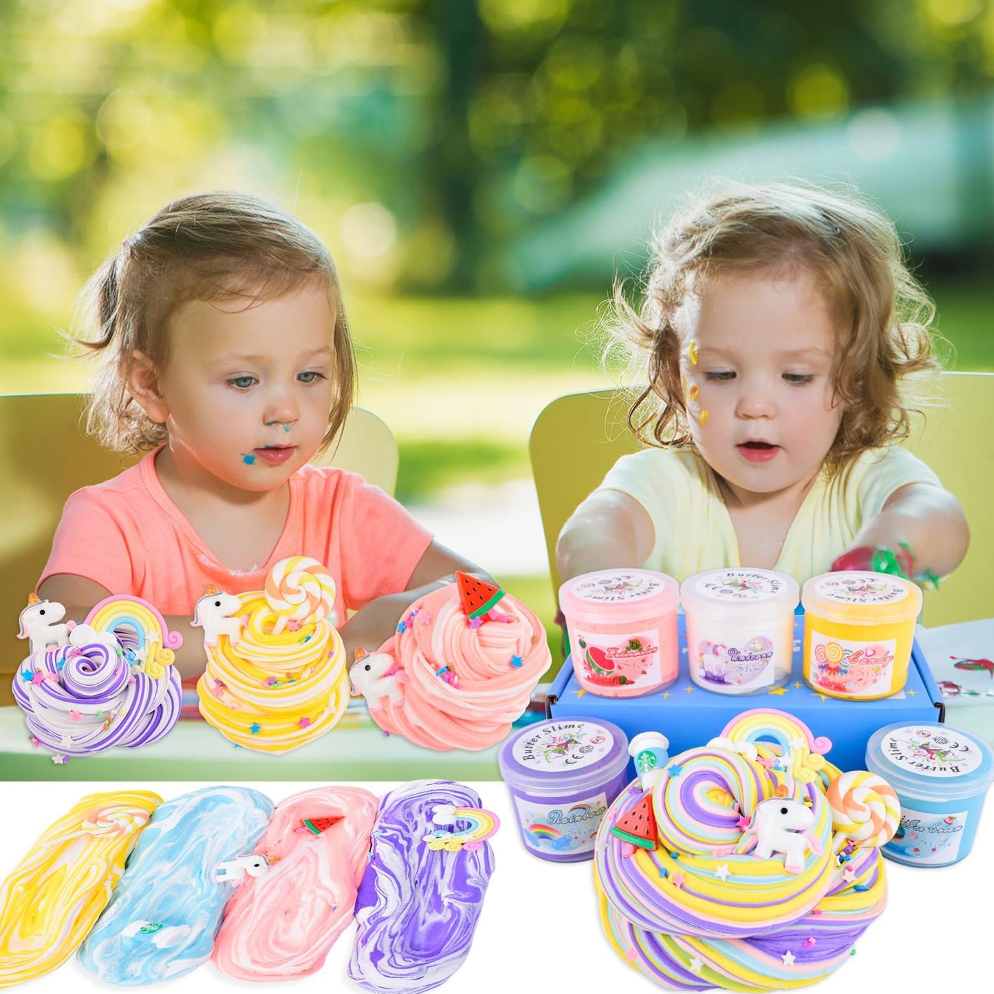 5 Pack Butter Slime Kit with Fun Slime Add Ins Soft Non-Sticky Stress Relief Toy Birthday Gifts for Kids Classroom Rewards DIY Slime Party Favor for Girls & Boys