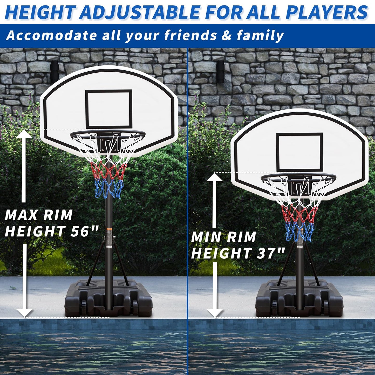 Generic Poolside Basketball Hoop with Height Adjustable 37''''-56'''' Swimming Pool Basketball System with 36'''' x 24'''' Backb