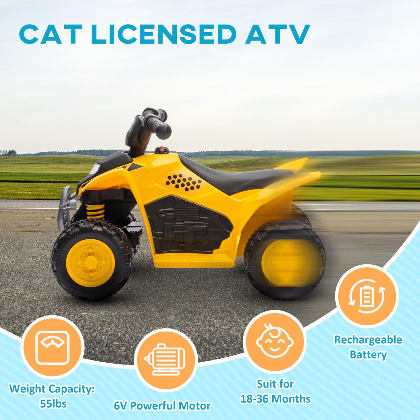 Qaba Cat Licensed Kids Atv, 6V Four-Wheeler For Kids, Electric Ride On Atv With Horn, Led Headlights, Single-Button Start For 18