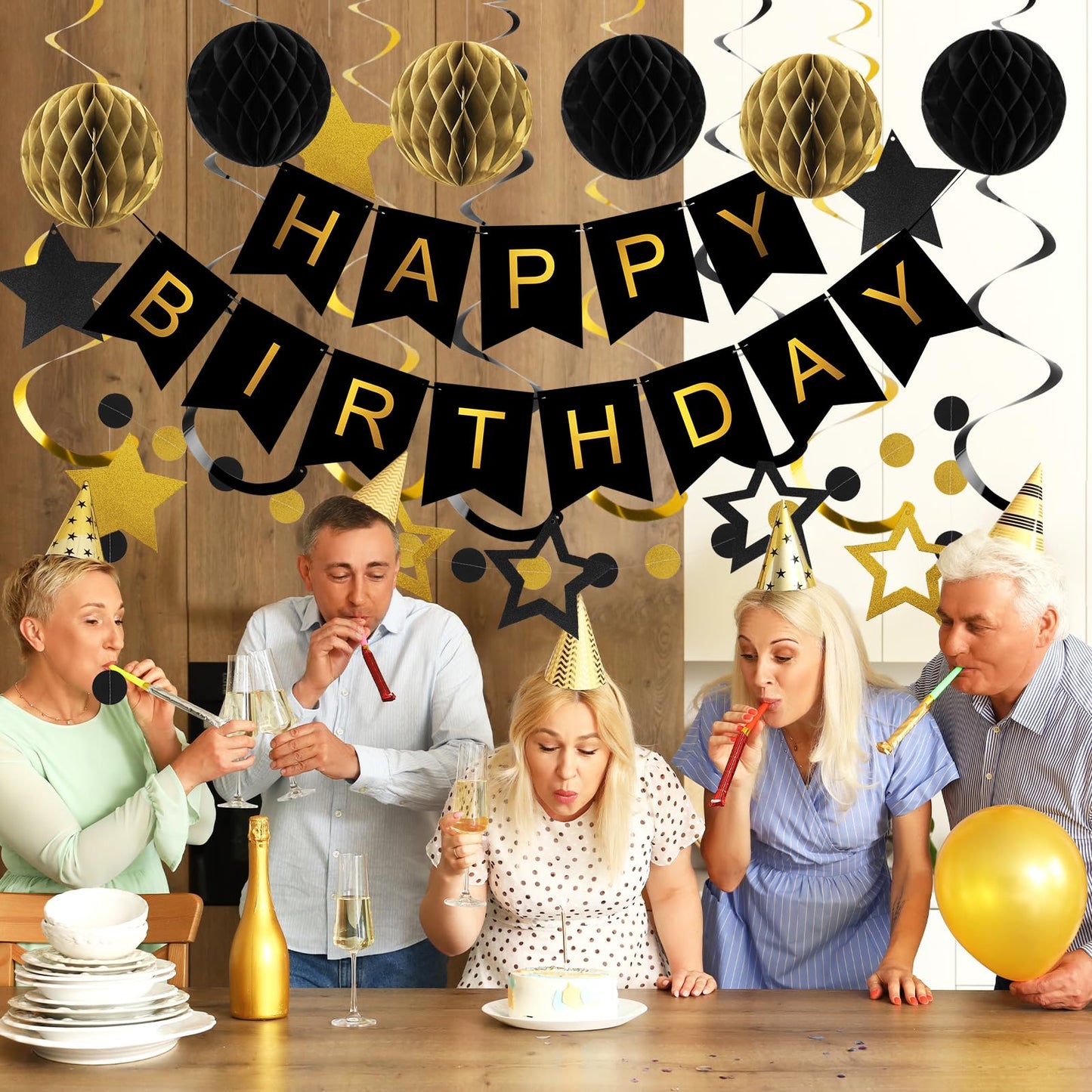 meowtastic Birthday Decorations, Happy Birthday Banner with Honeycomb Balls, Star Hanging Swirl Streamers, Circle Dot Garland, H