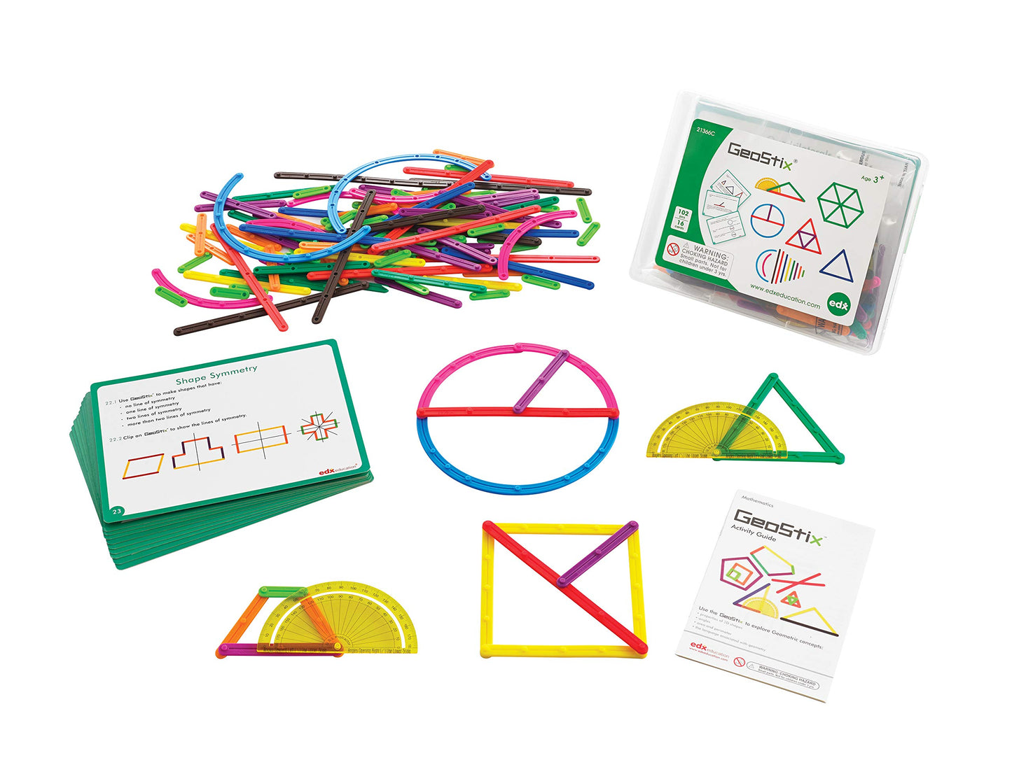 Edxeducation Geostix Deluxe Set - Learn Geometry With 100 Flexible Construction Sticks - Includes 2 Protractors And Activity Cards - Manipulative For Math, Art And Fine Motor Skills