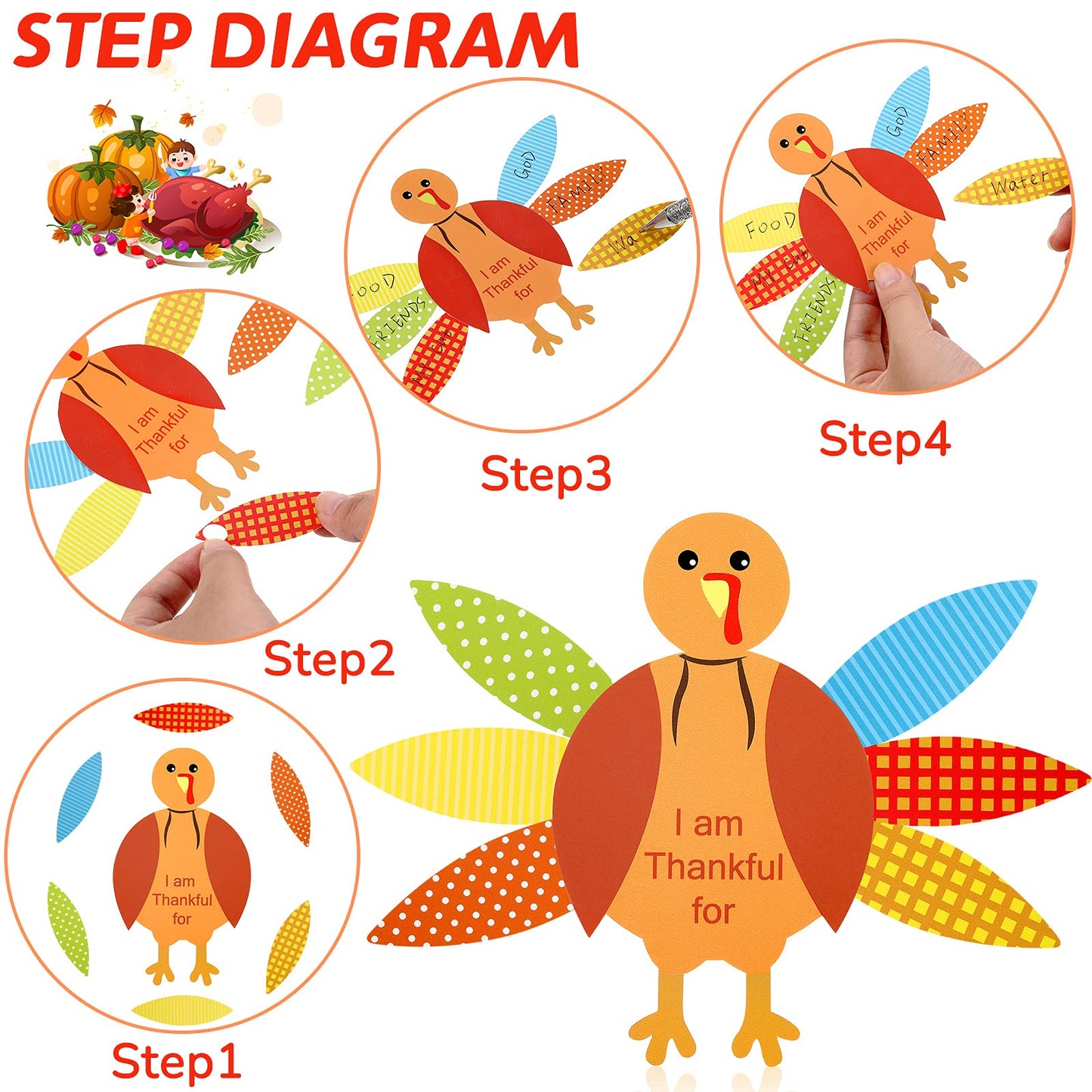 Gejoy 56 Pieces Thanksgiving Turkey Craft Kits Diy Turkey Thanksgiving Party School Activities Decoration Supplies, Makes Up To 8 Turkeys (Orange Series)