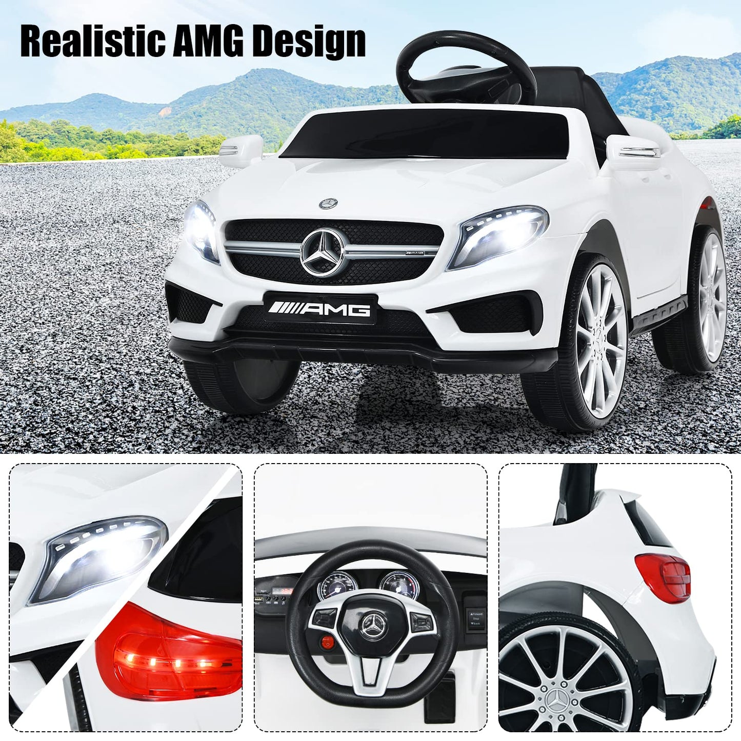 Olakids Kids 12V Electric Ride On Car, Licensed Mercedes Benz Gla45 Vehicle For Toddler With Control Remote, Battery Powered Toy With Music, Usb, Mp3, 2 Speeds, Wheels Suspension, Led Lights (White)